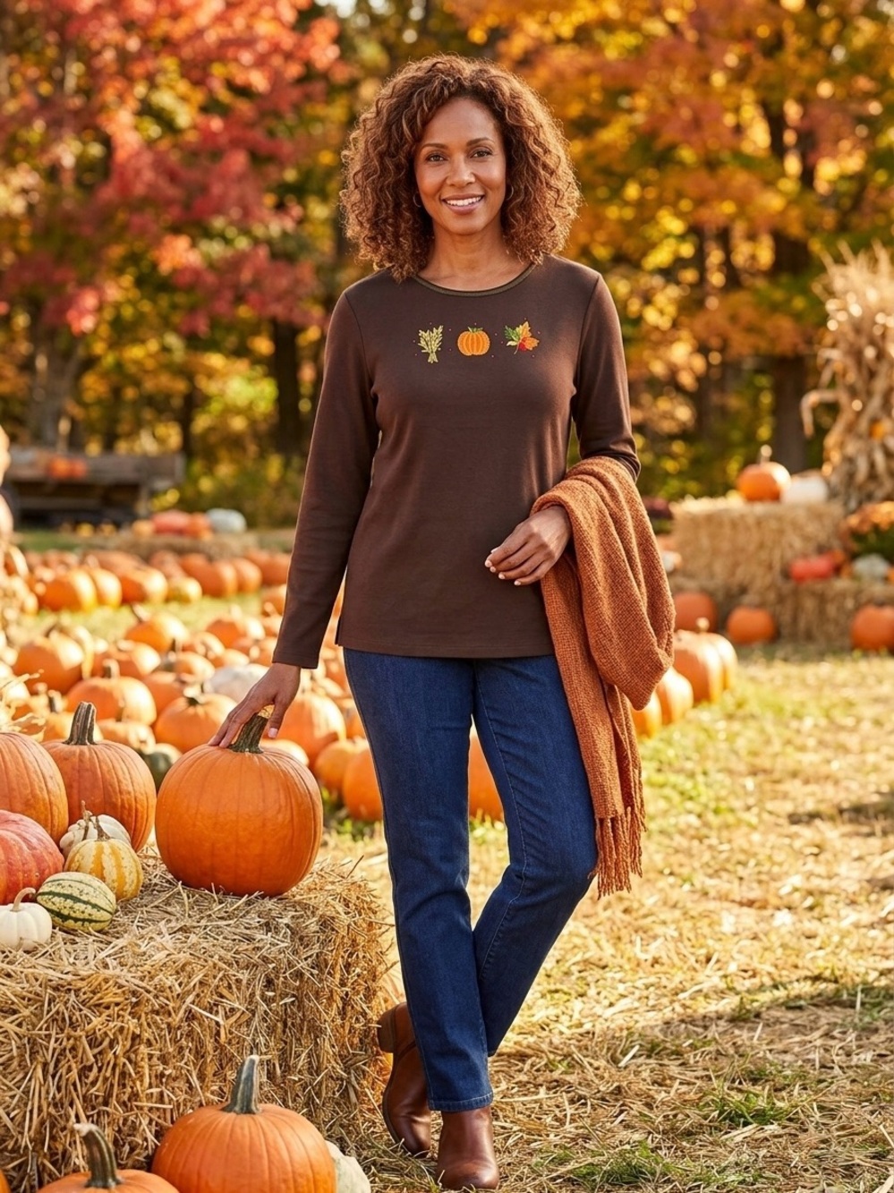 Quacker Factory Fall Triple Play Embroidered Pumpkin Long Sleeve Brown Top M